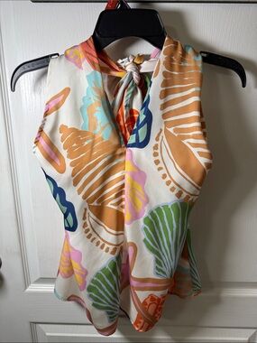 Tie-Neck Shell Print Halter Top in Cream and Multi
